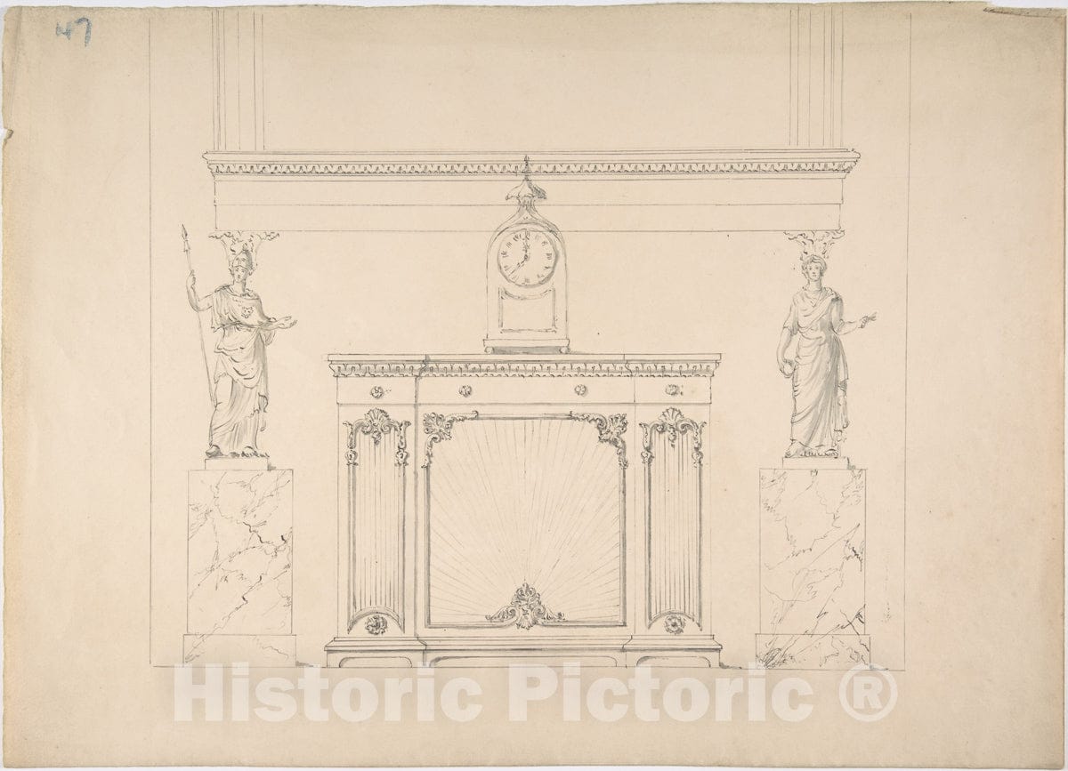 Art Print : British, 19th Century - Design for a Cabinet with Inset Fabric Panels, and Two Female Classical Statues on Marble Pedestals v.1 : Vintage Wall Art