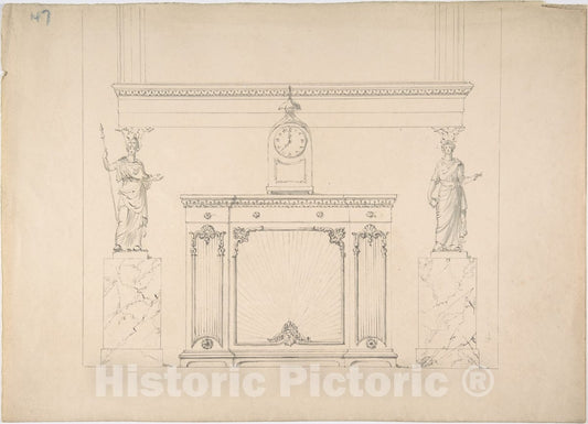 Art Print : British, 19th Century - Design for a Cabinet with Inset Fabric Panels, and Two Female Classical Statues on Marble Pedestals v.1 : Vintage Wall Art