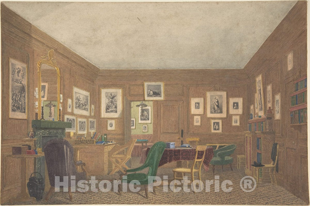 Art Print : British, Late 19th to Early 20th Century - A Scholar's Study at Oxford or Cambridge, with Framed Prints : Vintage Wall Art