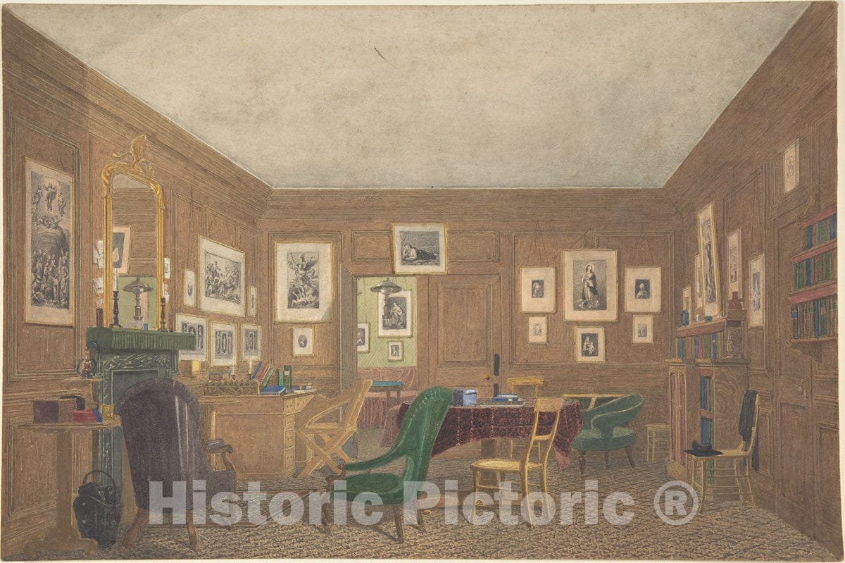 Art Print : British, Late 19th to Early 20th Century - A Scholar's Study at Oxford or Cambridge, with Framed Prints : Vintage Wall Art