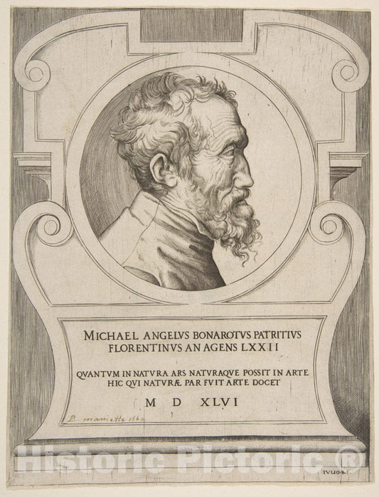 Art Print : Giulio Bonasone - Bust Portrait of Michelangelo Facing Right, Set Within a cartouche. : Vintage Wall Art