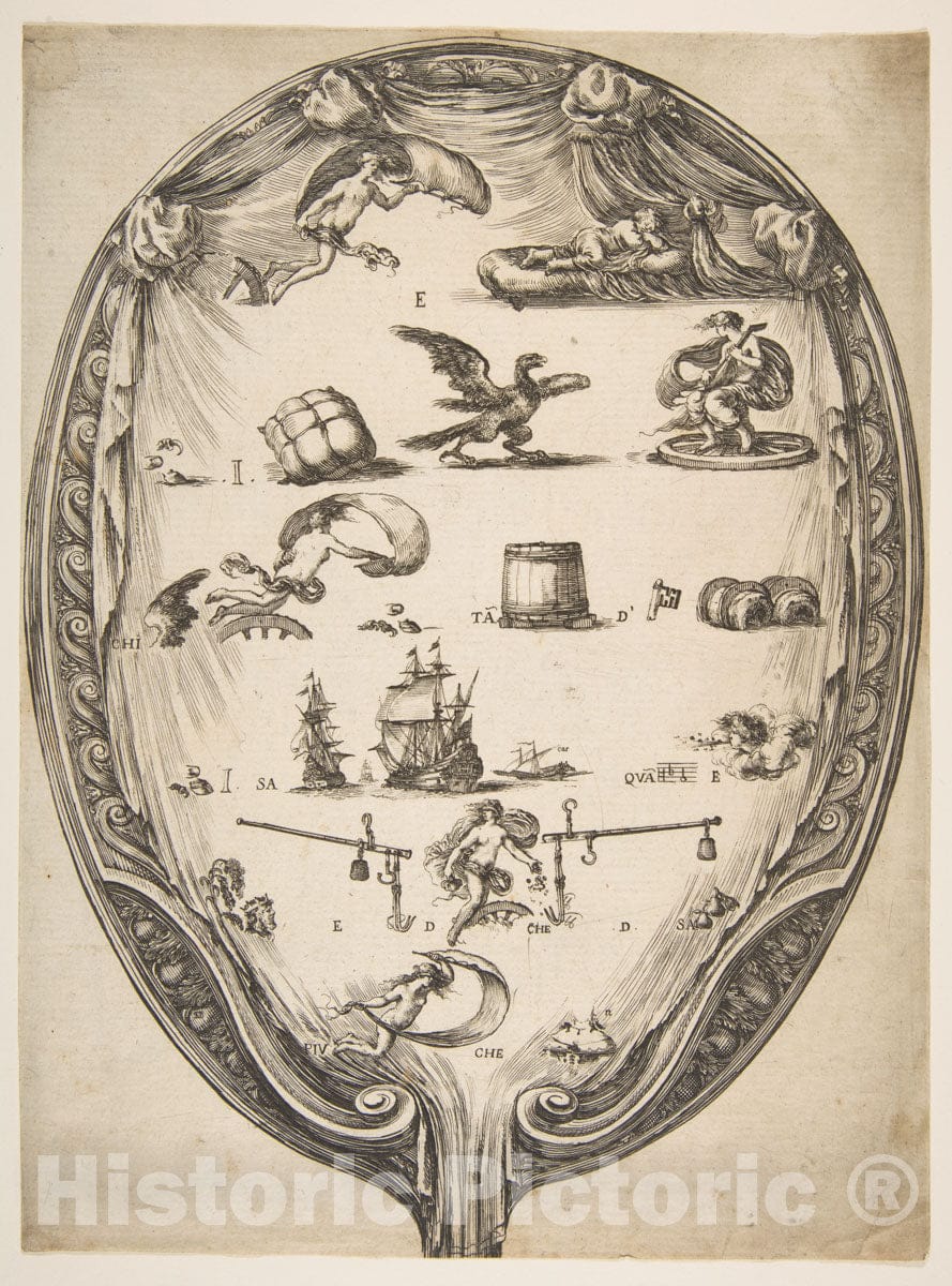 Art Print : Etched by Stefano Della Bella - Screen with Rebus of Fortune : Vintage Wall Art