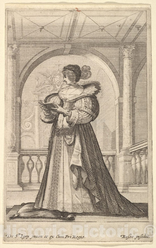 Art Print : Abraham Bosse - A Woman Standing, Facing The Left in Profile, Wearing a hat and a lace Collar, Reading from a Prayer Book : Vintage Wall Art
