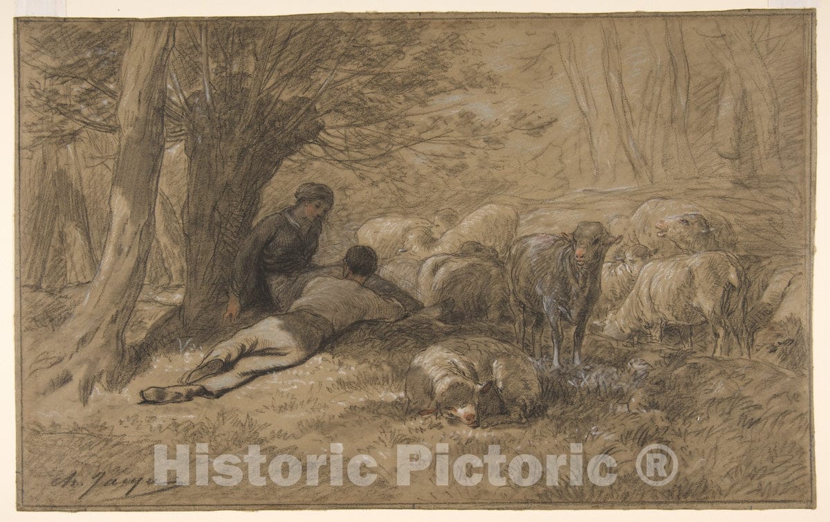 Art Print : Charles Jacque - Tending The Sheep : Vintage Wall Art