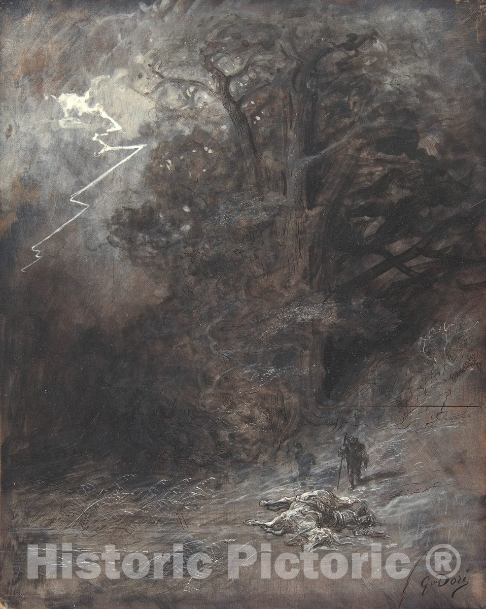 Art Print : Gustave Doré - A Rider and a Dead Horse in a Landscape : Vintage Wall Art