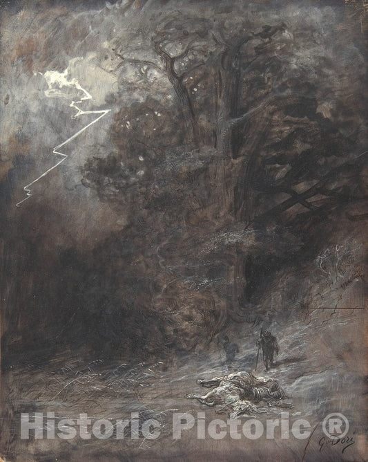 Art Print : Gustave Doré - A Rider and a Dead Horse in a Landscape : Vintage Wall Art