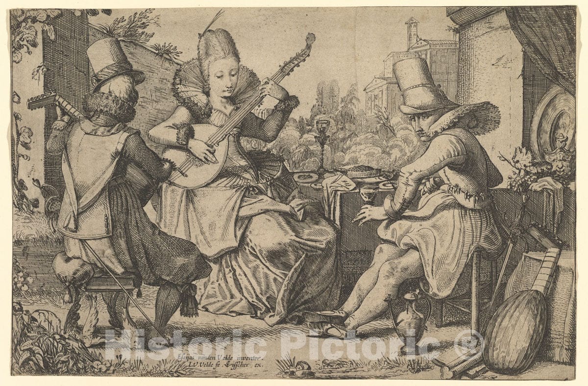 Art Print : Jan Van de Velde II - Two Elegantly Dressed Men and a Woman in a Garden : Vintage Wall Art