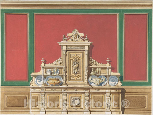 Art Print : British, 19th Century - Interior Design for Large Display Cabinet Against Red and Green Panelling : Vintage Wall Art