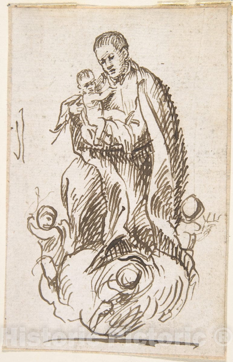 Art Print : Spanish, School of Seville, 17th Century - Male Saint Standing on Cloud, Supported by Putti, Holding Infant Christ : Vintage Wall Art