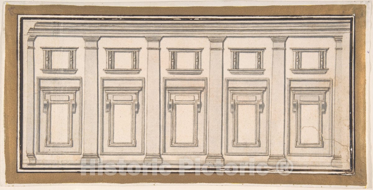 Art Print : Italian, 17th Century - Design for a Wall Elevation with Five Bays in The Doric Order : Vintage Wall Art