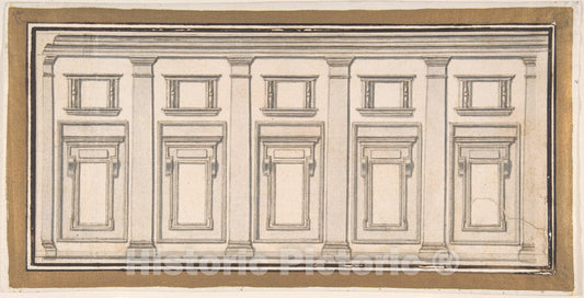 Art Print : Italian, 17th Century - Design for a Wall Elevation with Five Bays in The Doric Order : Vintage Wall Art