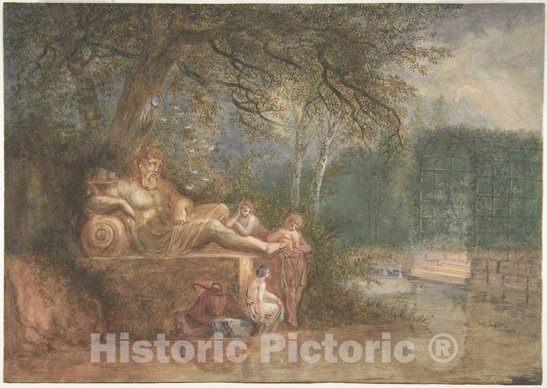 Art Print : Salomon Gessner - A Park with Figures at a Statue Near Water : Vintage Wall Art