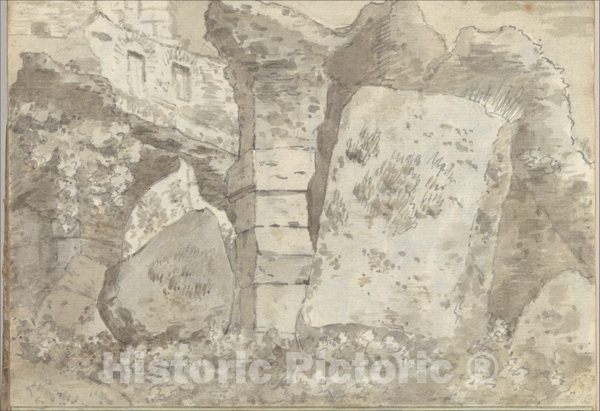 Art Print : Joseph Wright (Wright of Derby) - Roman Ruins (Smaller Italian Sketchbook, Leaf 10 Recto) : Vintage Wall Art