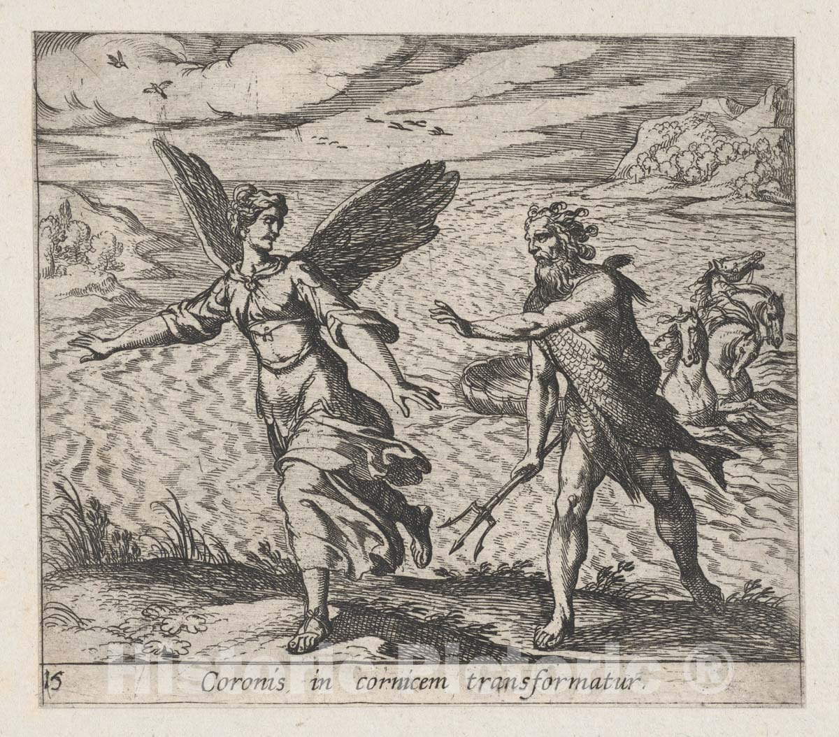 Art Print : Antonio Tempesta - Plate 15: The Daughter of Croneus Changed into a Cow (Coronis in cornicem transformatur), from Ovid's 'Metamorphoses' : Vintage Wall Art