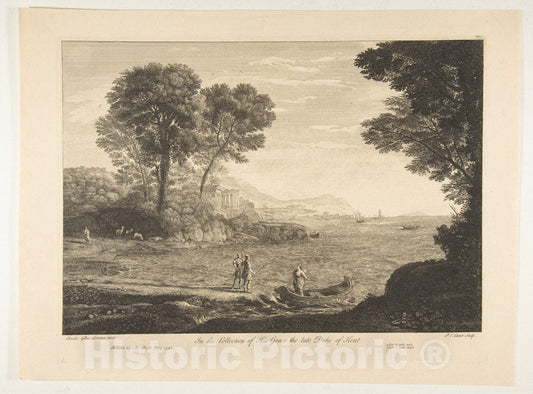 Art Print : Etched by Pierre Charles Canot - Coast View with The Embarkation of Carlo and Ubaldo : Vintage Wall Art