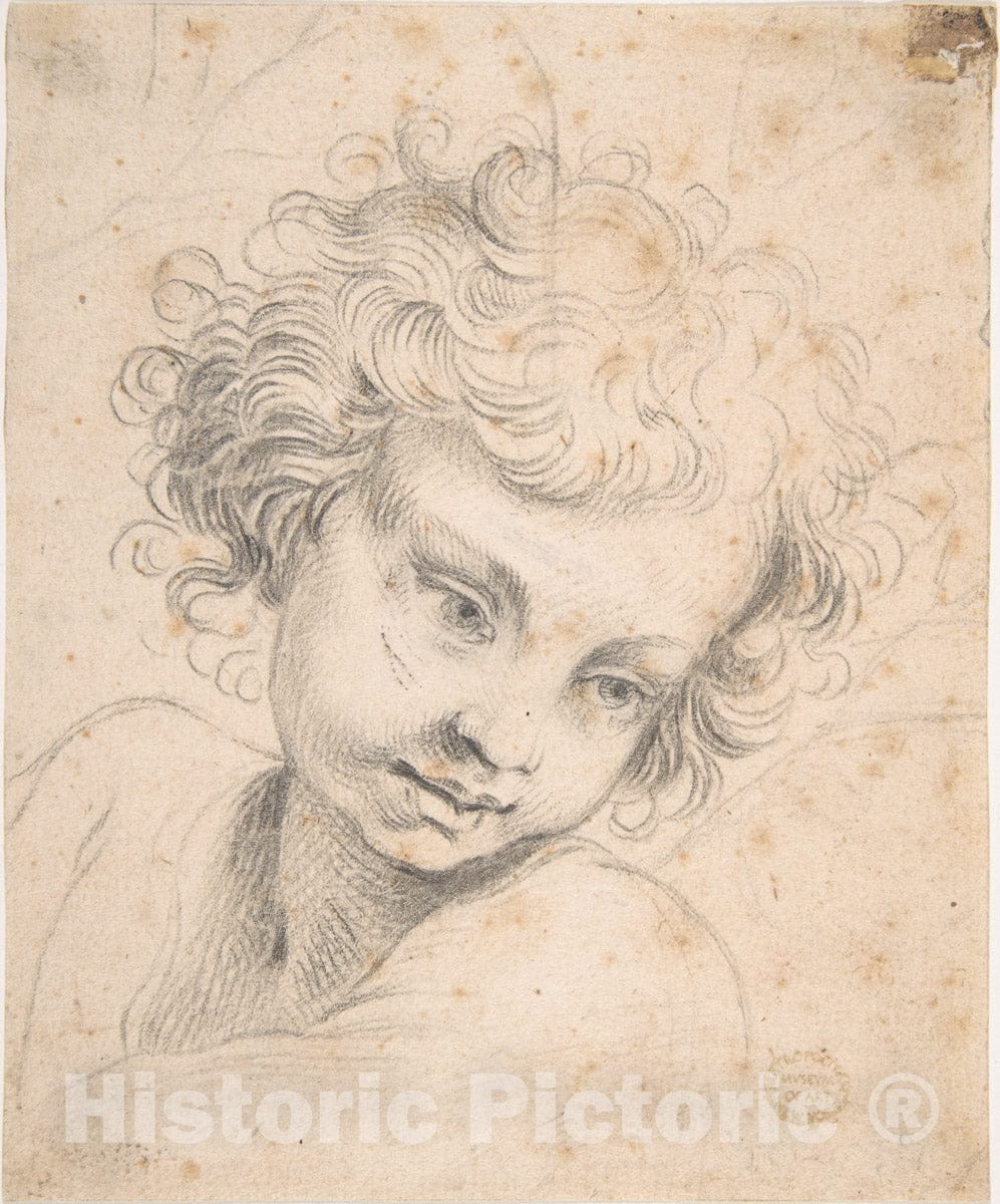 Art Print : Italian, Roman-Bolognese, 17th Century - Head of a Child, Copy of Engraving by Luca Ciambulano : Vintage Wall Art