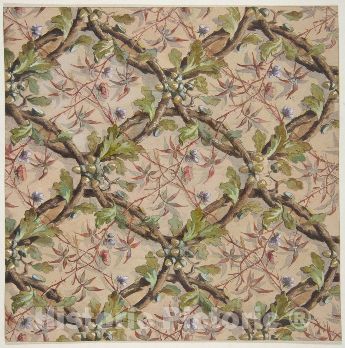 Art Print : Jules-Edmond-Charles Lachaise - Design for Wallpaper Featuring Oak Leaves, Acorns, and Intertwined Twigs : Vintage Wall Art