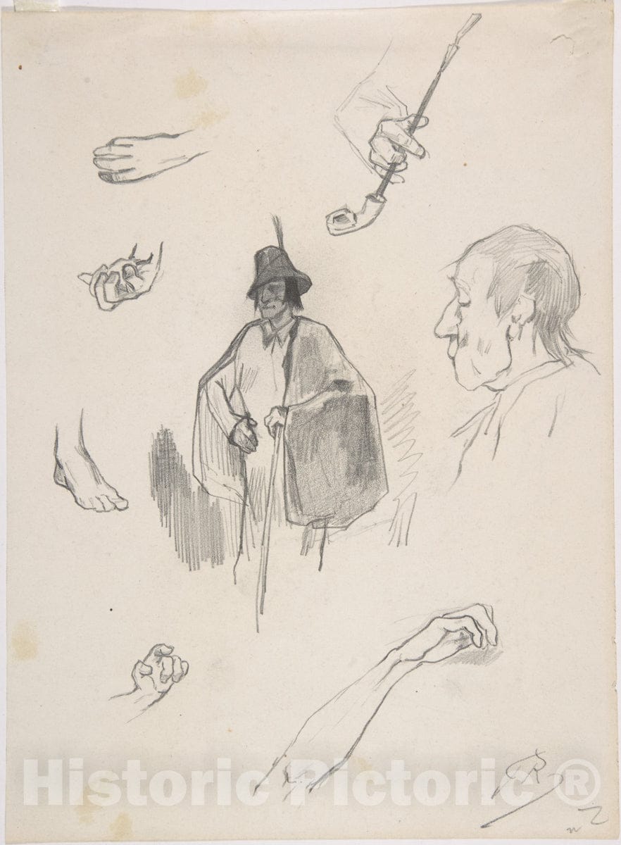 Art Print : Félicien Rops - Sheet with Figures, Details of Hands and feet : Vintage Wall Art