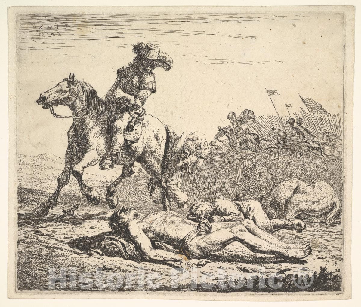 Art Print : Battlefield with Horseman Looking Over his Left Shoulder Toward Stripped Corpse on The Ground - Artist: Karel Dujardin - Created: 1652 : Vintage Wall Art