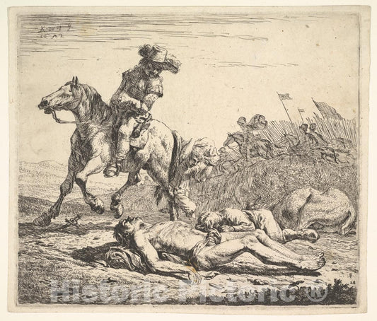 Art Print : Battlefield with Horseman Looking Over his Left Shoulder Toward Stripped Corpse on The Ground - Artist: Karel Dujardin - Created: 1652 : Vintage Wall Art