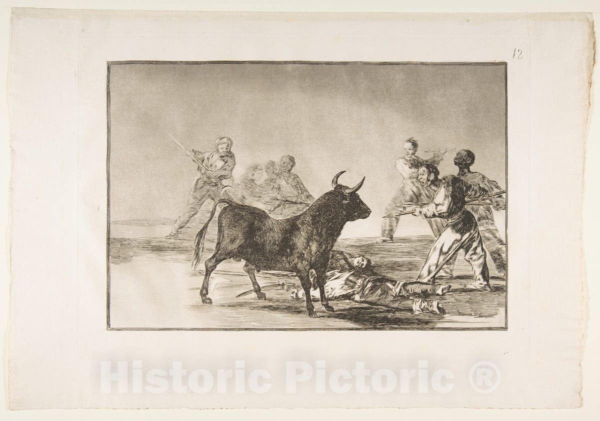 Art Print : Goya - Plate 12 from The 'Tauromaquia': The Crowd hamstrings The Bull with lances, sickles, banderillas and Other arms. : Vintage Wall Art