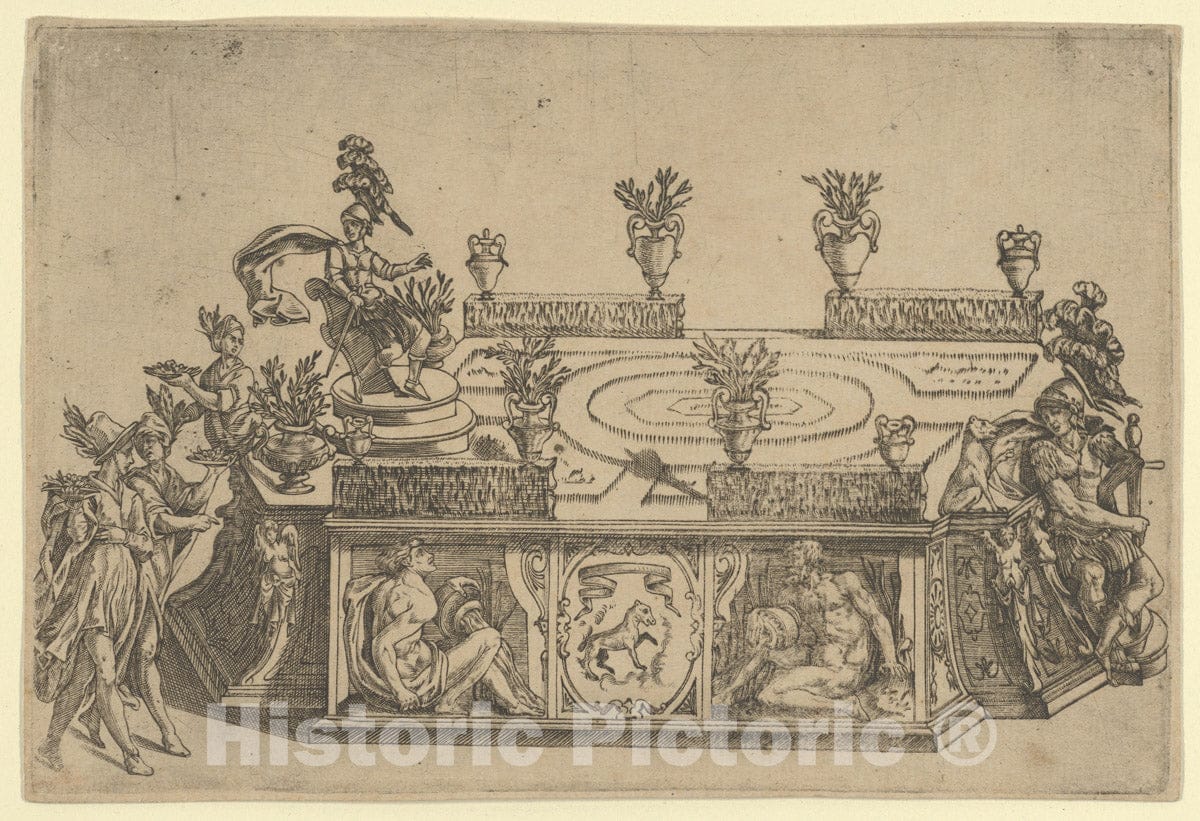 Art Print : Possibly by Cherubino Alberti (Zaccaria Mattia) - Triumphal car from The Marriage of Ferdinand de' Medici and Christine of Lorraine : Vintage Wall Art