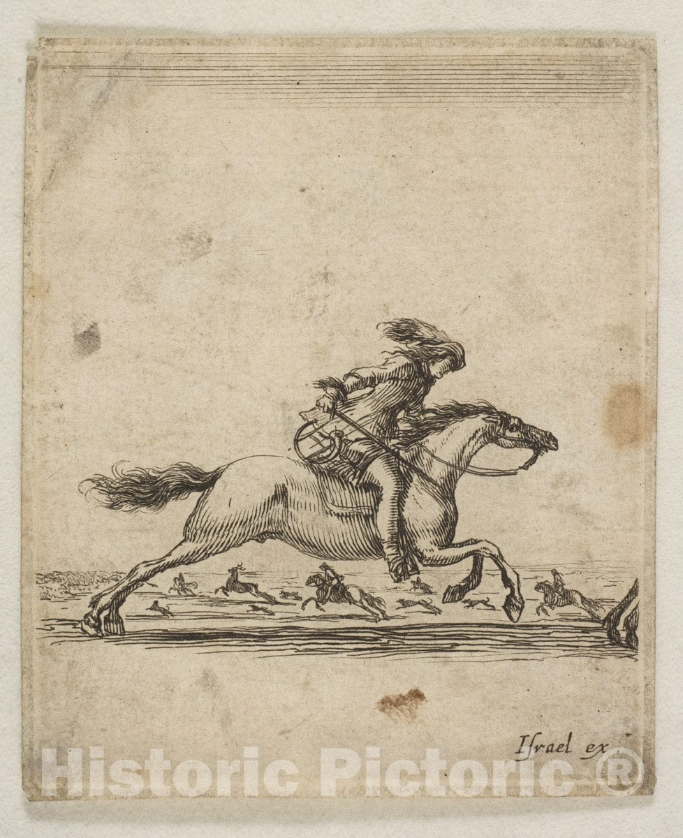 Art Print : A Horseman with Sword in Hand Galloping Towards The Right - Artist: Stefano Della Bella - Created: c1645 : Vintage Wall Art