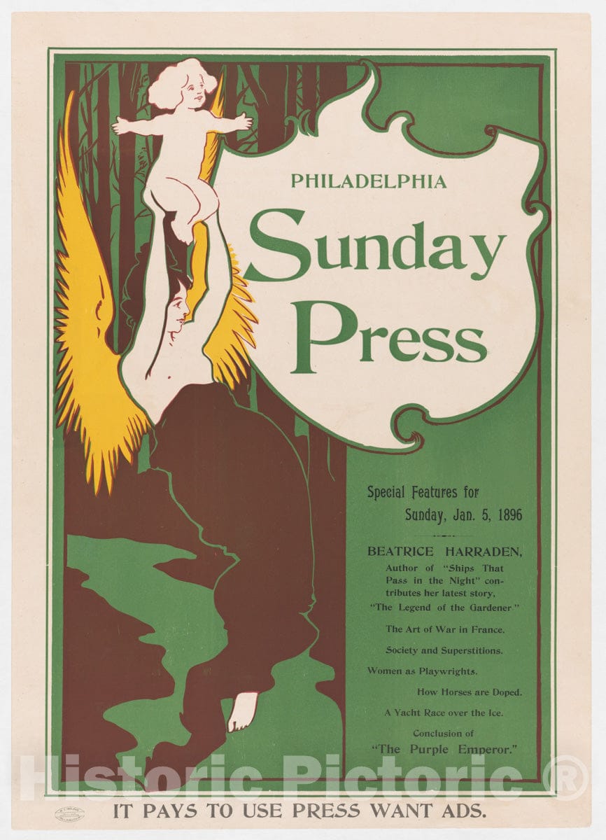 Art Print : George Reiter Brill - Advertisement for Philadelphia Sunday Press: Jan. 5, 1896 : Vintage Wall Art
