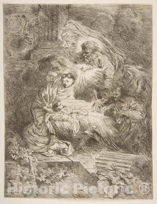 Art Print : Giovanni Benedetto Castiglione (Il Grechetto) - God The Father observing The Virgin and Child, Angels to The Right : Vintage Wall Art