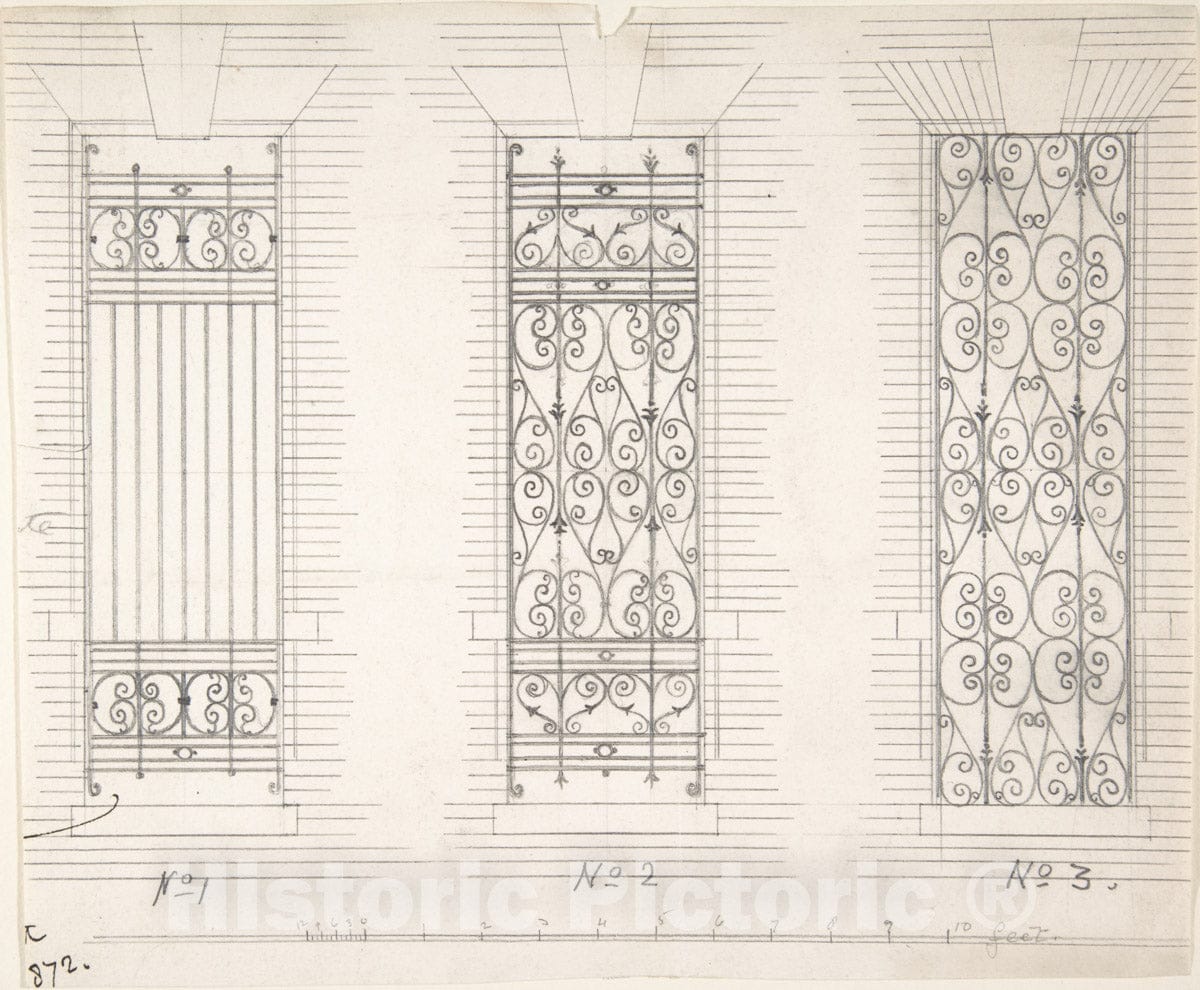 Art Print : British, 19th Century - Design for Three Wrought Iron Window Guards : Vintage Wall Art