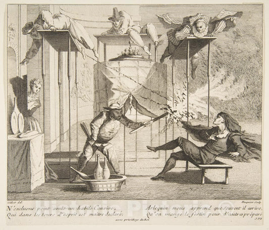 Art Print : Claude Gillot - Harlequin menaces Scaramouche with a Torch : Vintage Wall Art