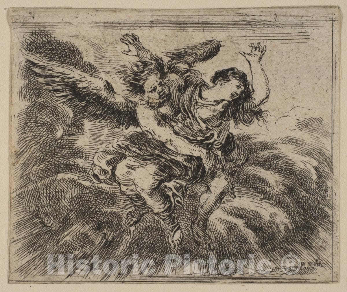 Art Print : Etched by Stefano Della Bella - Boreas and Oreithyia, from 'Game of Mythology' (Jeu de la Mythologie) : Vintage Wall Art