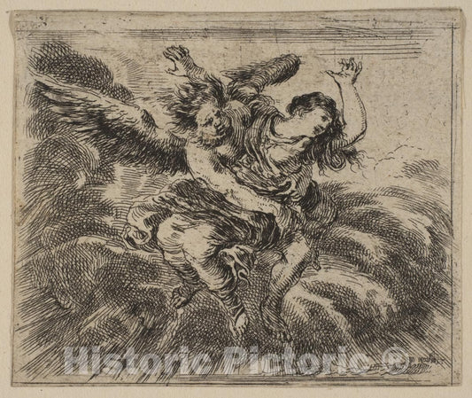 Art Print : Etched by Stefano Della Bella - Boreas and Oreithyia, from 'Game of Mythology' (Jeu de la Mythologie) : Vintage Wall Art