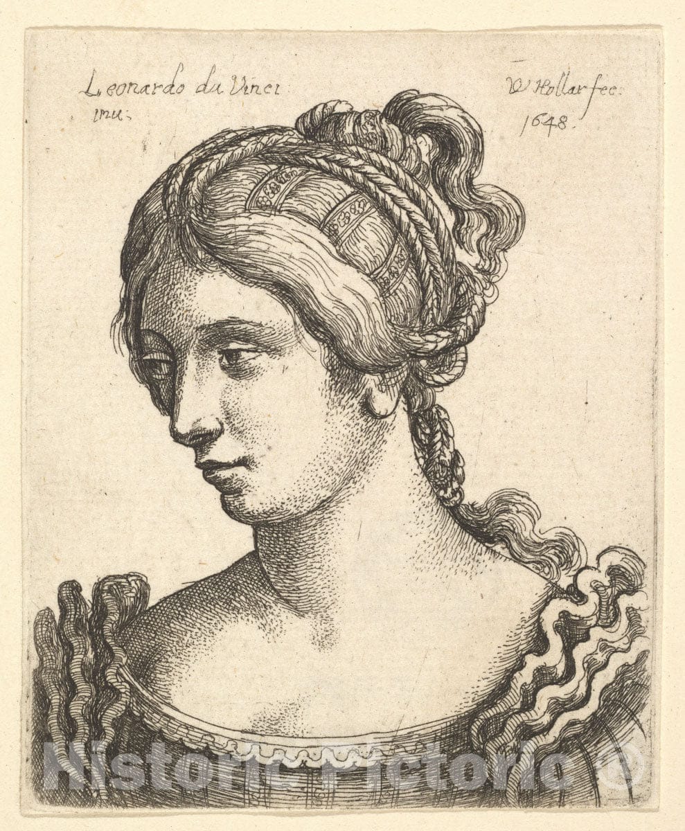 Art Print : Wenceslaus Hollar - Bust of a Woman Looking downwards Towards Left with elaborately Decorated Hair : Vintage Wall Art