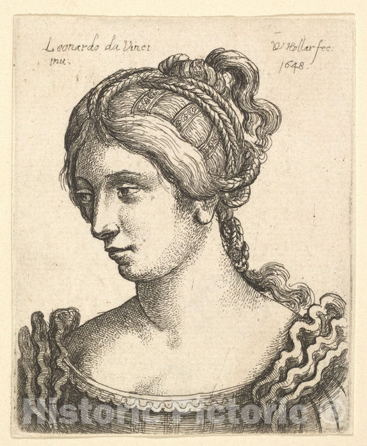 Art Print : Wenceslaus Hollar - Bust of a Woman Looking downwards Towards Left with elaborately Decorated Hair : Vintage Wall Art