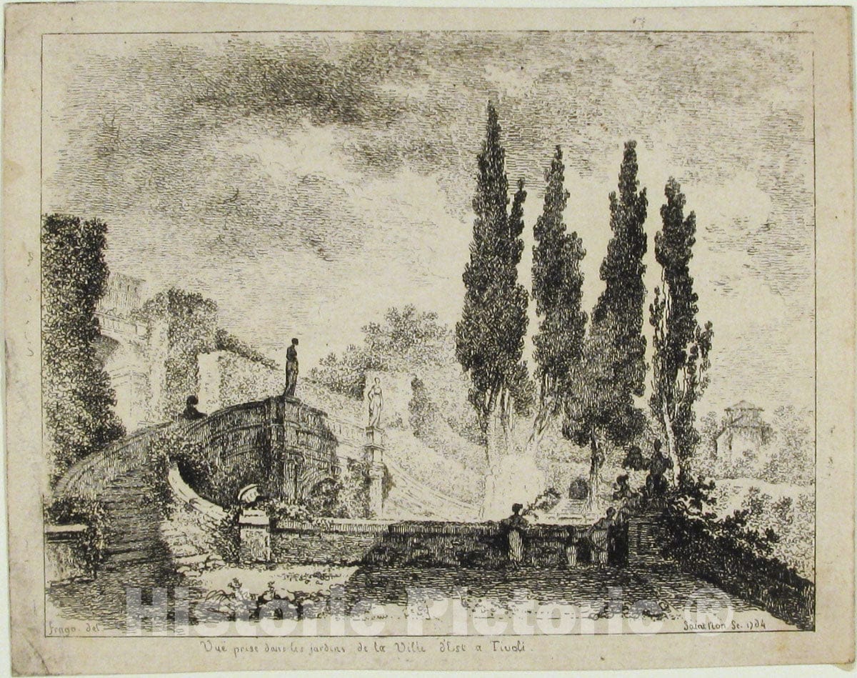 Art Print : Jean Claude Richard, Abbé de Saint-Non - Vue Prise Dans les jardins de la Ville d'Est a Tivoli : Vintage Wall Art