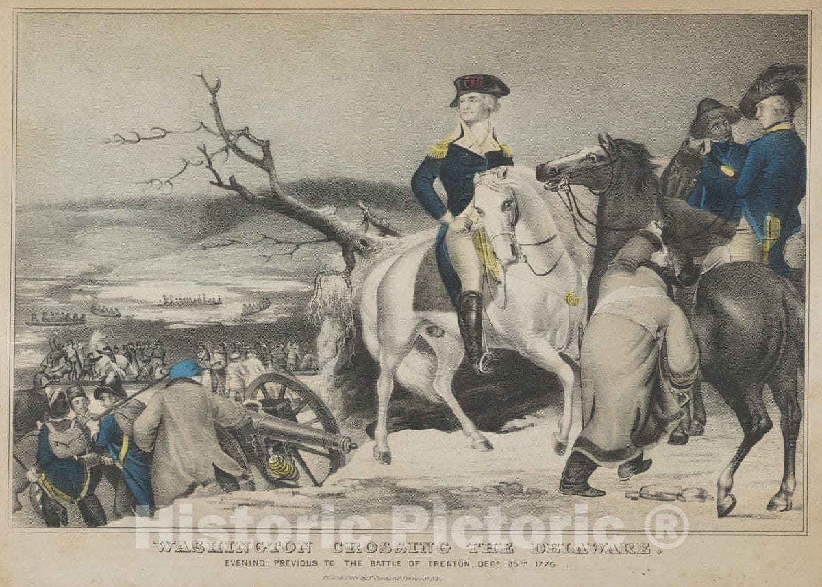 Art Print : Lithographed and Published by Nathaniel Currier - Washington Crossing The Delaware–Evening Previous to The Battle of Trenton, December 25th, 1776 2 : Vintage Wall Art