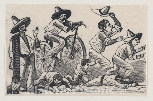 Art Print : José Guadalupe Posada - A Man on a Bicyle Running Over People, from a Broadside Entitled 'La Bicicleta' : Vintage Wall Art