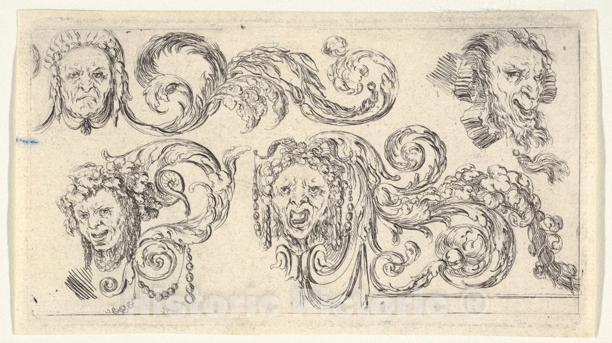 Art Print : Stefano Della Bella - Plate 8: Four Grotesque Heads with scrollwork, from 'Friezes, Foliage, and grotesques' (Frises, feuillages et grotesques) : Vintage Wall Art