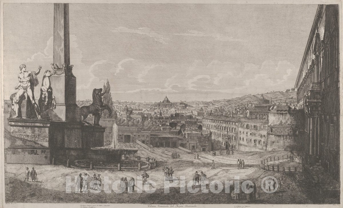 Art Print : Luigi Rossini - View of The Quirinal Hill in Rome with The Fountain of The Horse tamers at Left : Vintage Wall Art