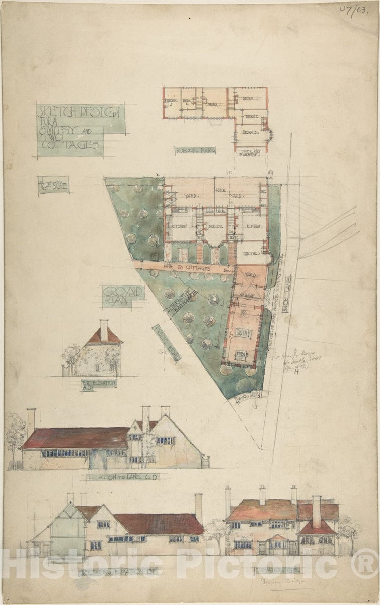 Art Print : Charles Edward Mallows - Design for a Smithy and Two Cottages : Vintage Wall Art