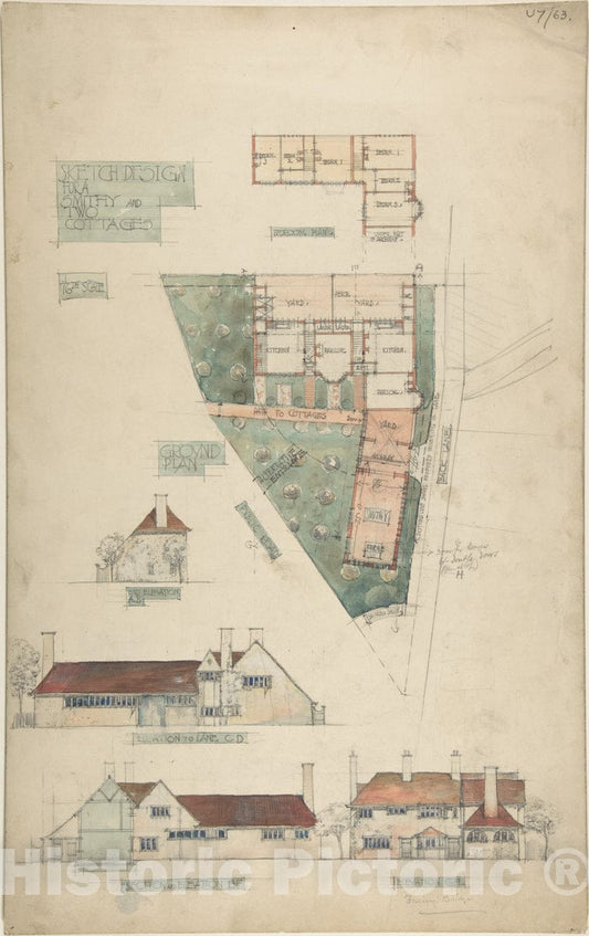Art Print : Charles Edward Mallows - Design for a Smithy and Two Cottages : Vintage Wall Art