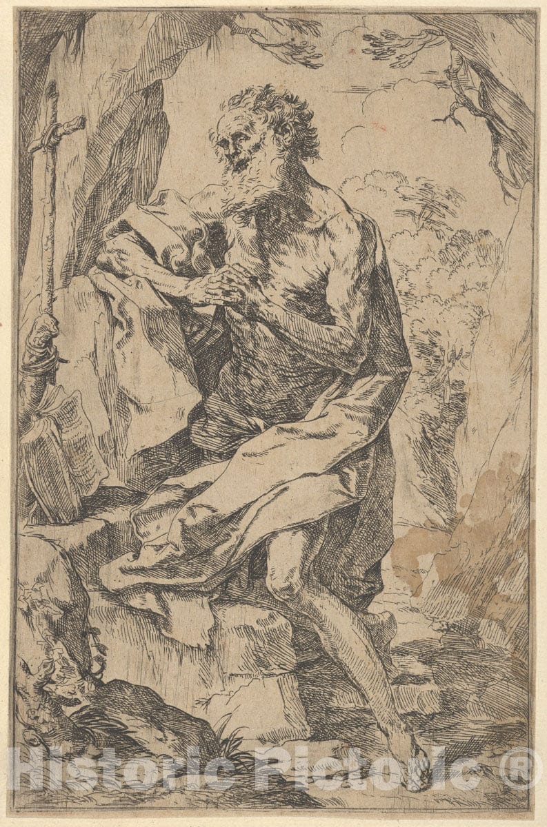 Art Print : Guido Reni - Saint Jerome Kneeling on a Rock in Front of a Cross and an Open Book Facing Left : Vintage Wall Art