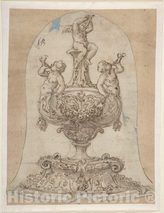 Art Print : Giovanni Battista Foggini - Design for a Vessel with Two Tritons Blowing Horns and a Winged Putto on Top : Vintage Wall Art