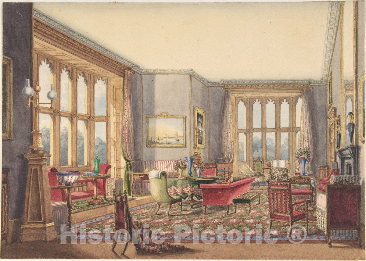 Art Print : British, 19th Century - Drawing Room, Guys Cliffe, Warwickshire : Vintage Wall Art