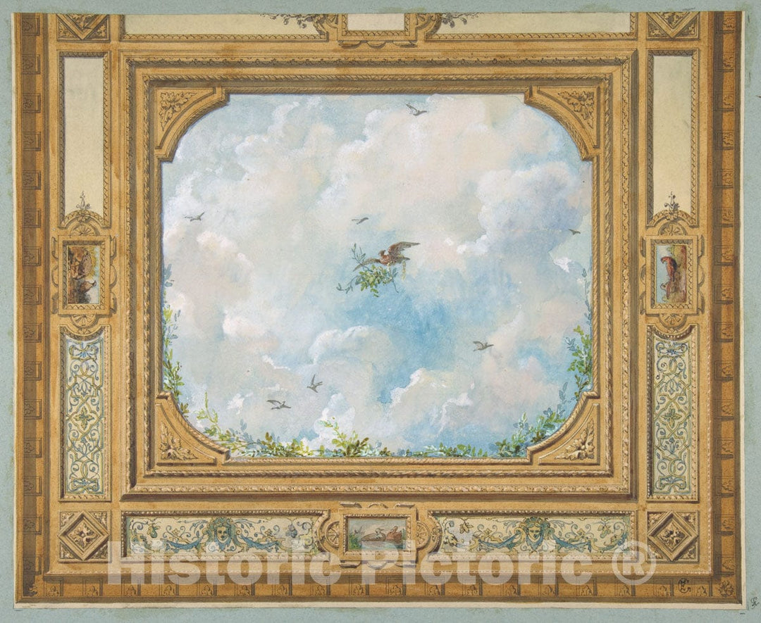 Art Print : Jules-Edmond-Charles Lachaise - Design for a Ceiling Decorated with Clouds and Birds : Vintage Wall Art