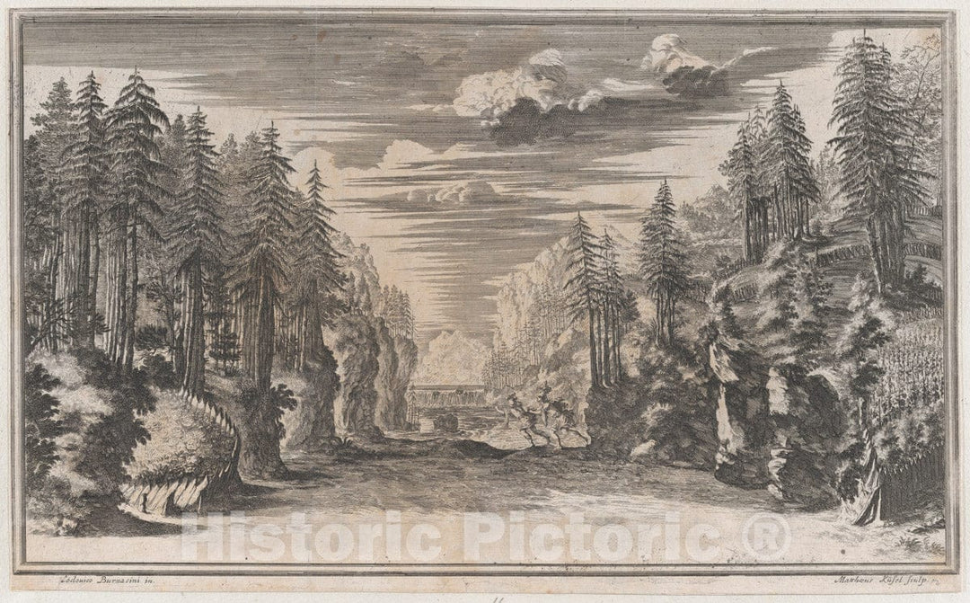 Art Print : Mathäus Küsel - Landscape with Two Figures Running Along The Bank of The River Xanto