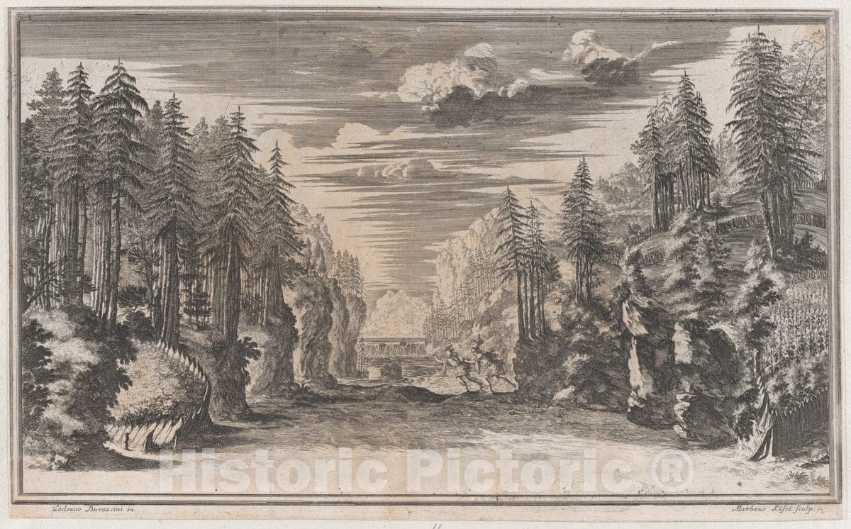 Art Print : Mathäus Küsel - Landscape with Two Figures Running Along The Bank of The River Xanto