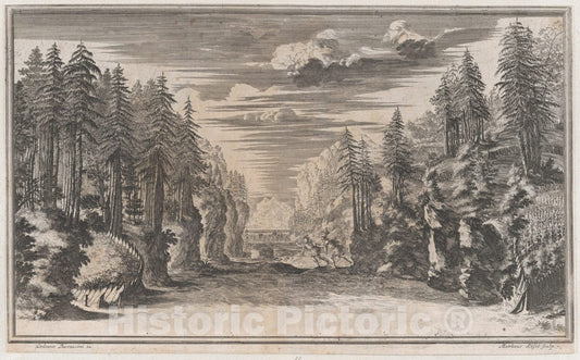 Art Print : Mathäus Küsel - Landscape with Two Figures Running Along The Bank of The River Xanto