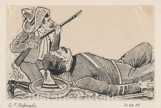 Art Print : José Guadalupe Posada - A Revolutionary Holding a Rifle and Kneeling to Protect a Fallen Revolutionary 1 : Vintage Wall Art